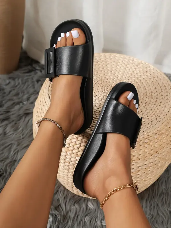 Women's Summer Minimalist Plain Open Toe Slides, with Buckle Design, Casual Comfortable Soft Thick Bottom Non-slip Slippers, ...