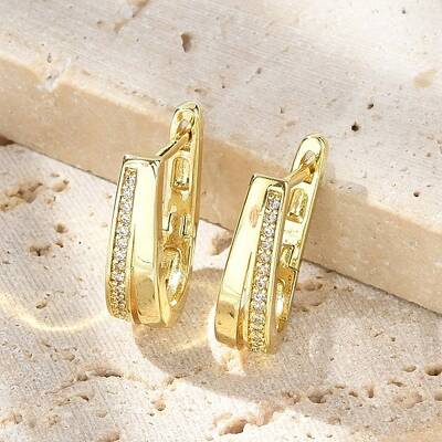 U-Shaped Brass Micro Pave Clear Cubic Zirconia Hoop Earrings