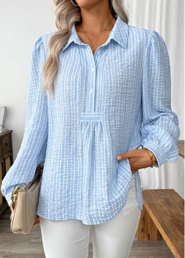 Modlily Light Blue Striped Long Sleeve Turn Down Collar Shirt - M