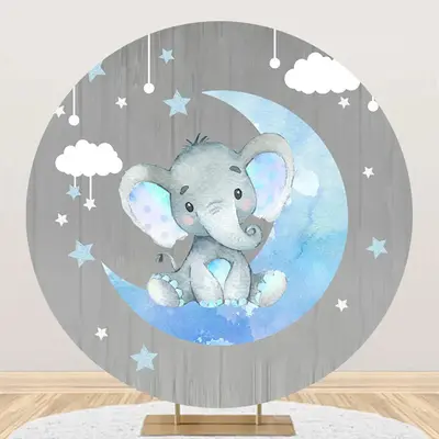 Grey Wood Blue Elephant Round Baby Shower Backdrop - Aperturee