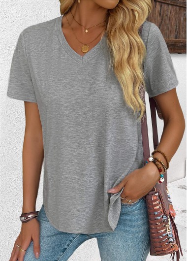 Modlily Grey Short Sleeve V Neck T Shirt - M