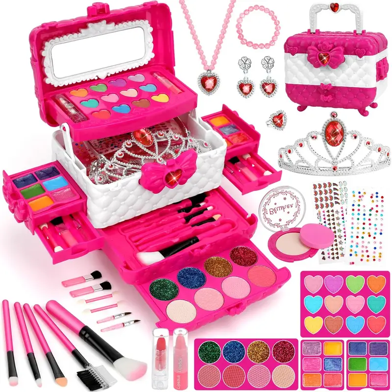 Kids Makeup Set Drawer Storage Box, Portable Role Play Toy, 56-Piece Kit Includes Powder Puff Lipstick Eyeshadow Brush Crown ...