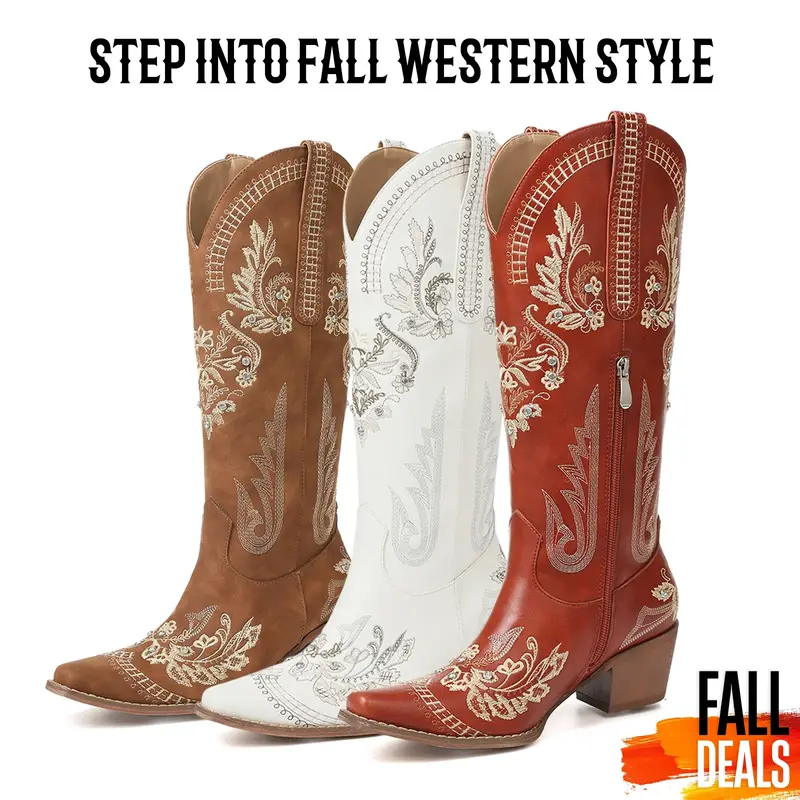 CELNEPHO Cowgirl Boots for Women Knee High Vintage Embroidered Western Classic Cowboy Boots Side Zipper Stylish Tall Pull On ...