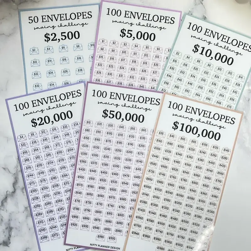 Laminated 100 Envelope Savings Challenge Bundle, Laminated Savings Cards