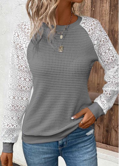 Modlily Dark Grey Patchwork Long Sleeve Round Neck T Shirt - XXL