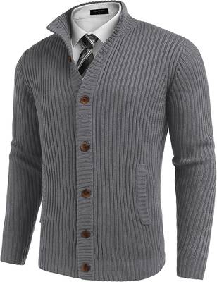 Stand Collar Button Down Sweaters (US Only), Gray / M
