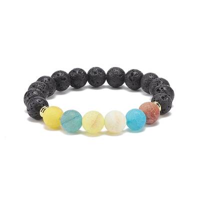 Natural Lava Rock & Weathered Agate(Dyed) Round Beaded Stretch Bracelet