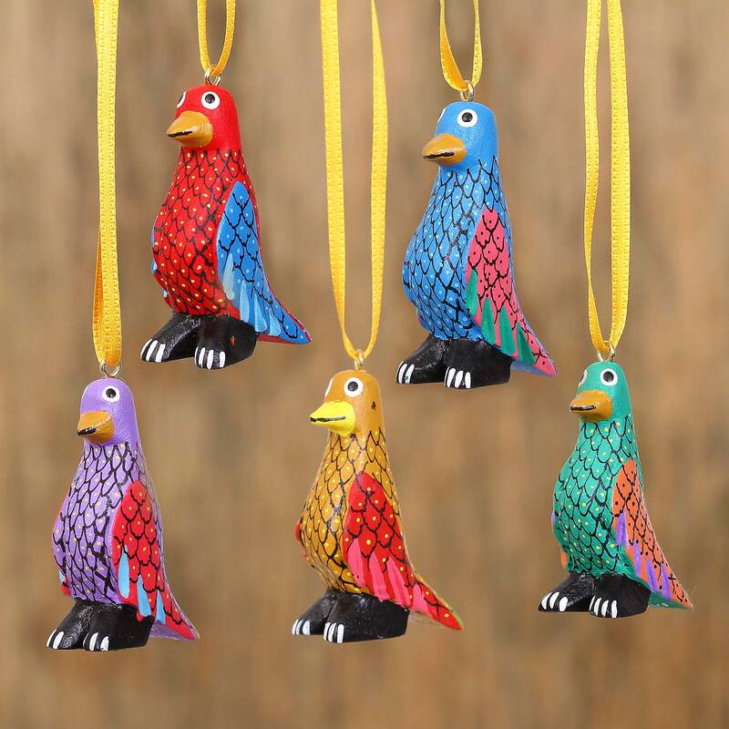 NOVICA Sweet Penguins Wood Alebrije Penguin Ornaments (Set of 5) from Mexico