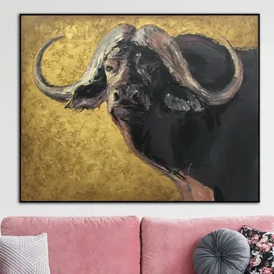 Extra Large African Buffalo Painting on Canvas Wild Animal Oil Painting Buffalo Bison Wall Art Buffalo Modern Art Modern Room...