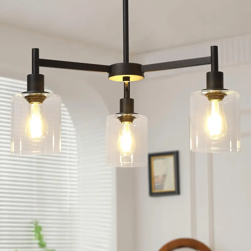 Garvee 3-Light Chandelier for Dining Room, Farmhouse Chandelier with Clear Glass, Height Adjustable Industrial Metal Hanging ...