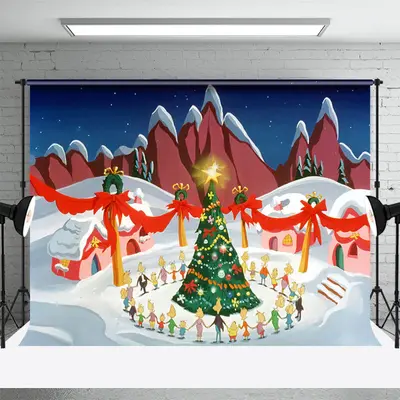 Children Around Xmas Tree Snowy Christmas Backdrop - Aperturee