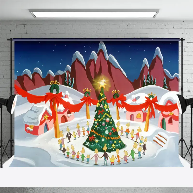 Children Around Xmas Tree Snowy Christmas Backdrop - Aperturee