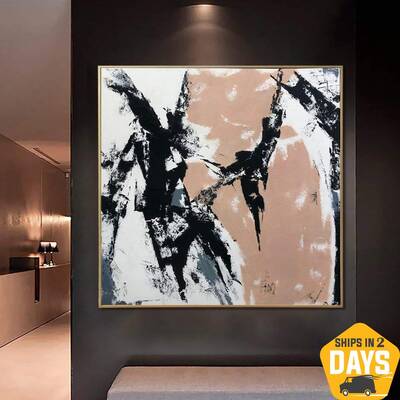 Large Abstract Black and White Paintings On Canvas Beige Painting Minimalist Hand Painted Art Textured Wall Art | THE CATCHER...