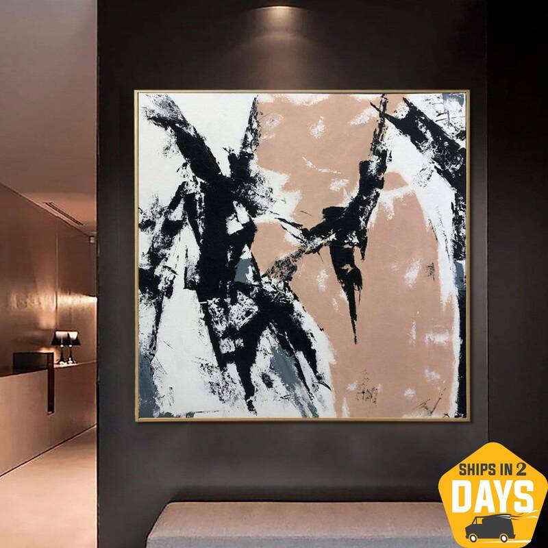 Large Abstract Black and White Paintings On Canvas Beige Painting Minimalist Hand Painted Art Textured Wall Art | THE CATCHER...