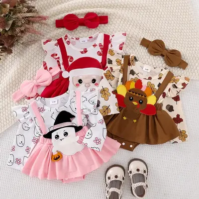Baby Girl Christmas Holiday Dress Outfit For Newborn Ruffle Trim Patch Long Sleeve Romper Dress Bow Headband 2 Piece Set for ...