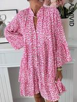 Women's Leopard Print Long Sleeve Mini Dress, Casual V-Neck Button Front for All Seasons, Ladies Wear