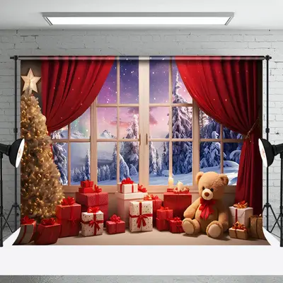 Aperturee Snowy Window Scene Curtain Gifts Christmas Backdrop - Aperturee