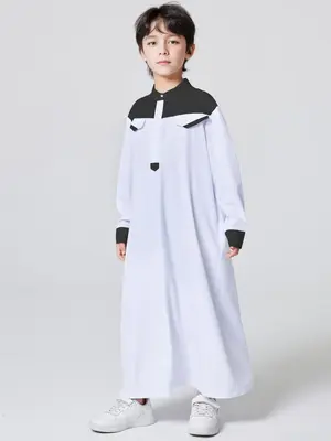 Boy's Button Front Fake Pocket Thobe, Modest Colorblock Long Sleeve Jubba, Kids Clothing for Daily Wear