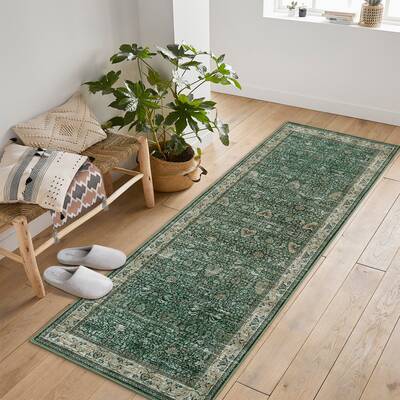 Garvee Washable Runner Rugs, Green 2'X6' Antique Distressed Long Rug, Modern Non Slip Stain Resistant Vintage Print Accent Ca...