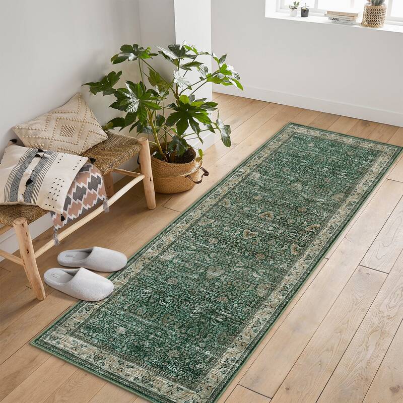 Garvee Washable Runner Rugs, Green 2'X6' Antique Distressed Long Rug, Modern Non Slip Stain Resistant Vintage Print Accent Ca...