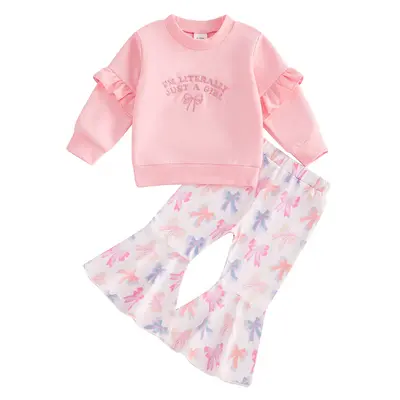 Toddler Baby Girl Clothes Fall Winter Letter Bow Embroidery Print Long Sleeve Sweatshirt Flare Pants Set 2PCS Outfit