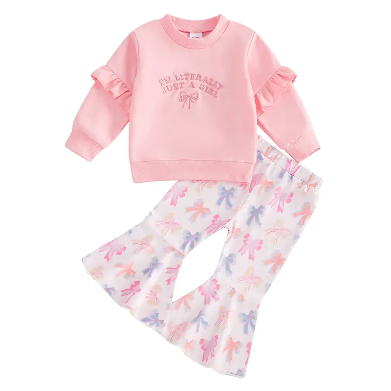 Toddler Baby Girl Clothes Fall Winter Letter Bow Embroidery Print Long Sleeve Sweatshirt Flare Pants Set 2PCS Outfit