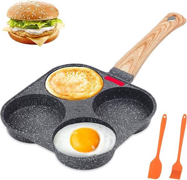 Non-stick Egg Frying Pan, 4 Holes Skillet With Handle, Multifunctional, Wooden Handle Medical Stone Omelet Non-stick Coo