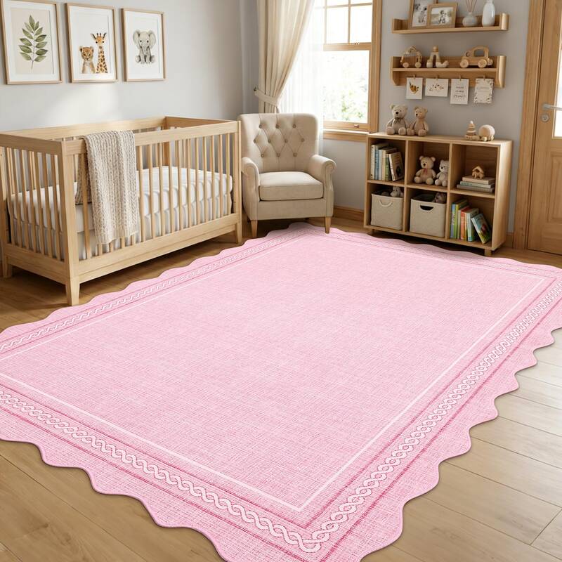 Garvee Scalloped Washable Pink Rugs for Bedroom Grils, 5x7 Living Room Rug Non Slip Playroom Rug Soft Non Shedding Bedroom Ru...
