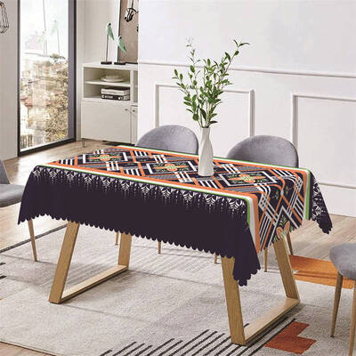 Orange White Floral Lines Blue Rectangle Tablecloth - Aperturee