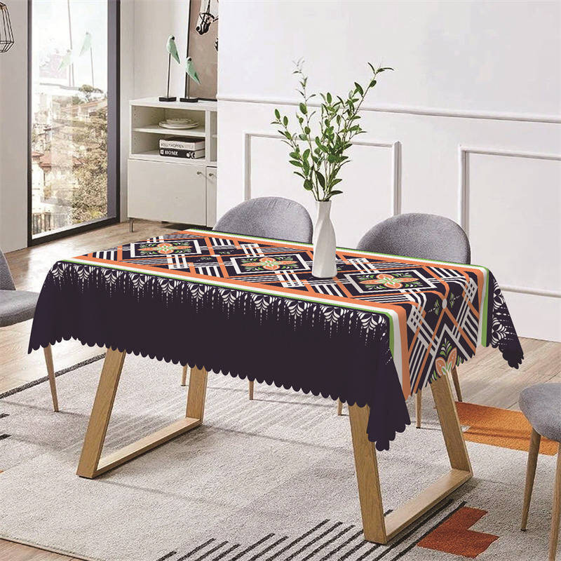 Orange White Floral Lines Blue Rectangle Tablecloth - Aperturee