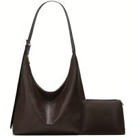 Women's Minimalist Solid Color Shoulder Bag, Soft Foldable Vegan Leather Shoulder Bag with Cosmetic Bag, Casual Trendy Versat...