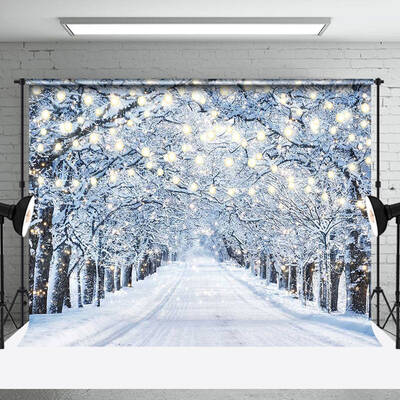 Aperturee Light Strip Snowy Forest Path Winter Photo Backdrop - Aperturee