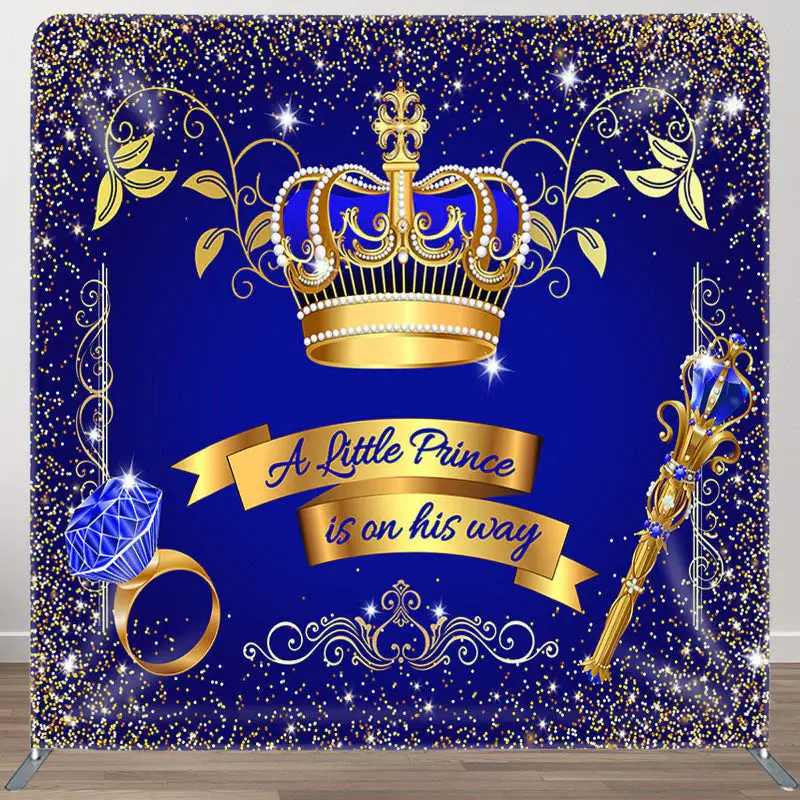 Gold Crown Blue Fabric Backdrop Cover for Baby Shower - Aperturee
