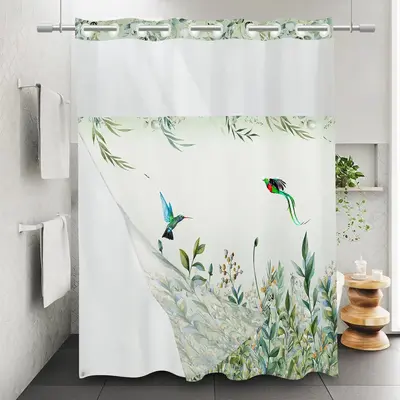 Bird & Flower Pattern Shower Curtain, Pastel Waterproof Hook Free Shower Curtain Design, Bathroom Accessory, Summer Essential...