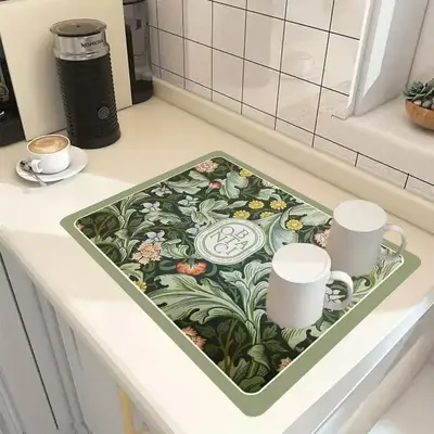 Garden Floral Pattern Dish Drying Mat, 1 Count Soft Non-slip Absorbent Wear-resistant Draining Pad, Coffee Machine Mat, Place...