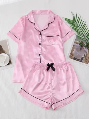 Women's Floral Print Pyjama Set, Satin Lapel Button Front Shirt & Bow Decor Shorts Lounge Co-ord Set, Comfy Women Teens Sleep...