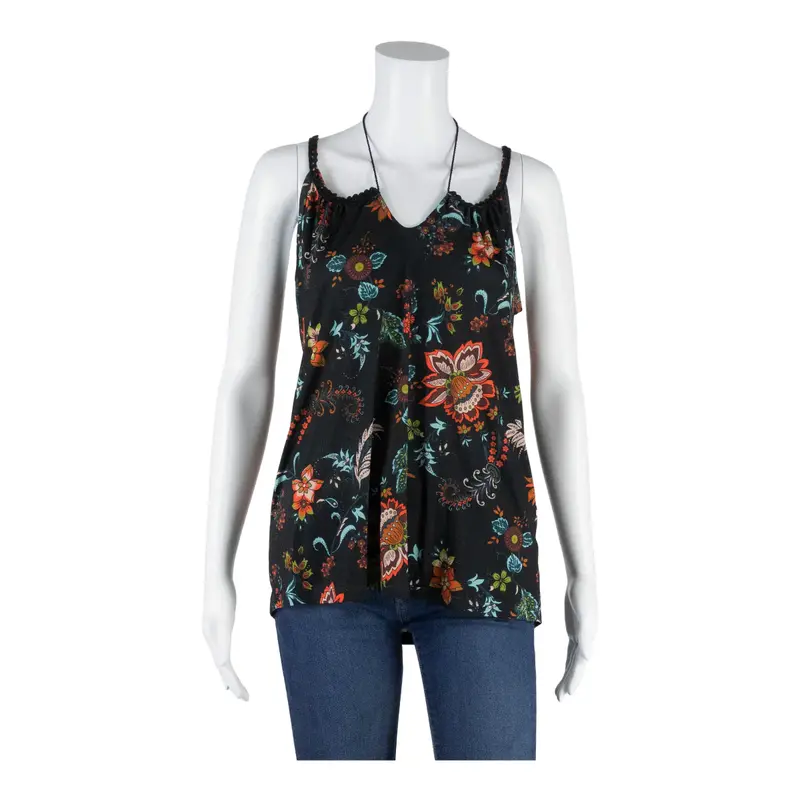 Y2K Tassel Top Black Floral Sleeveless Womens L