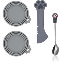 4 pcs Grey Cat Feeding Set Cat Food Can Spoons & Can Lids Multi-Function Can Opener | Silicone Pet Food Can Covers | Stainles...