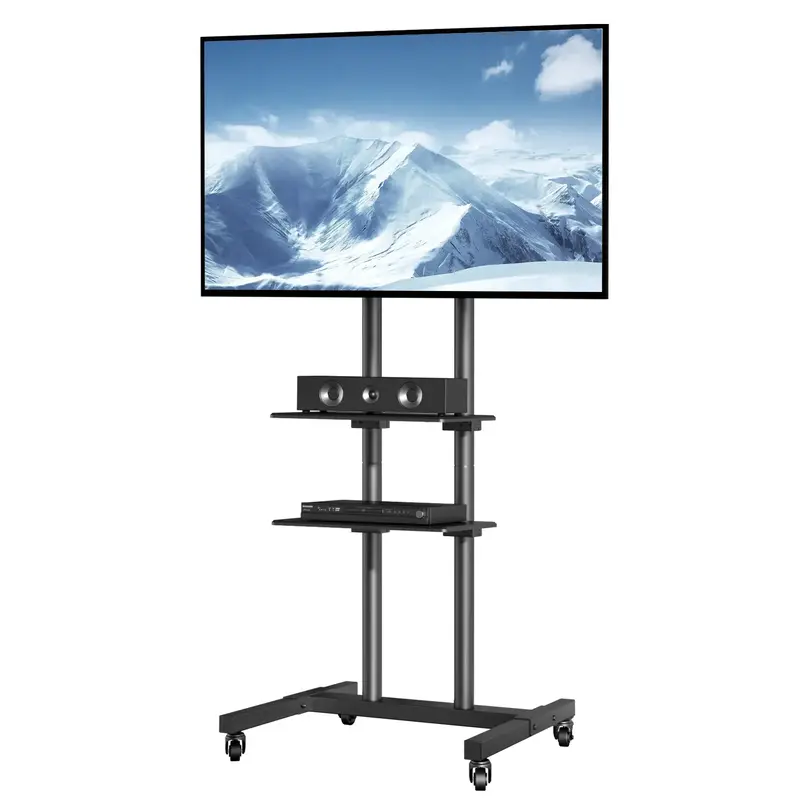 VEVOR Mobile TV Stand, Mobile TV Cart for 32 to 70 inch TVs, Height Adjustable Portable TV Stand with Wheels, Double Tray for...