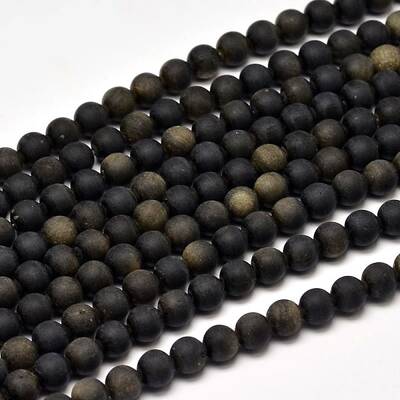 Frosted Natural Golden Sheen Obsidian Round Bead Strands