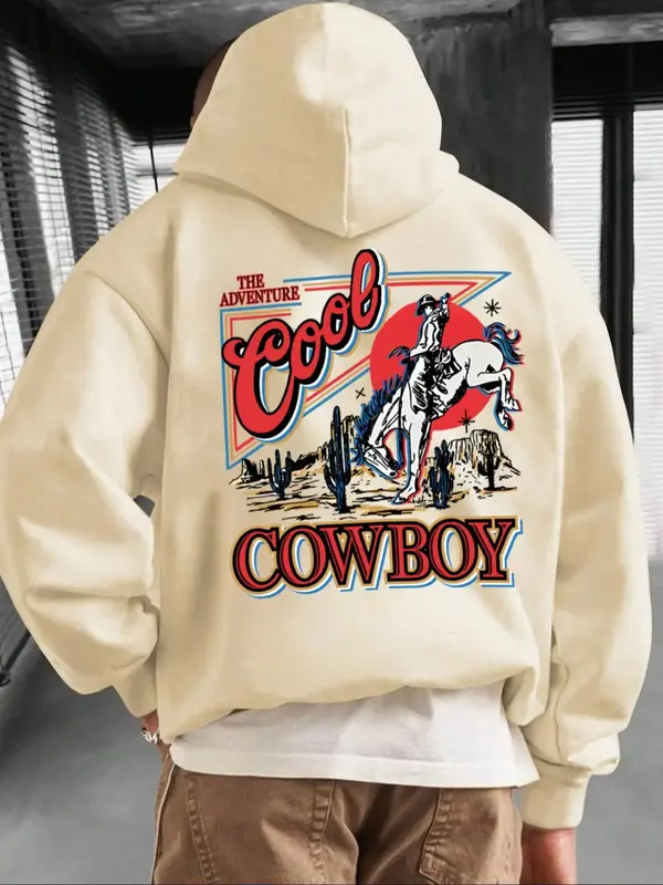 Men's Regular Fit Cowboy & Letter Print Drop Shoulder Hoodie, Casual Drawstring Pocket Hooded Sweatshirt for Fall & Winter, M...