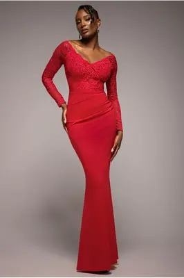 Goddiva Scalloped Lace Bodice Long Sleeve Bardot Maxi Dress - Red