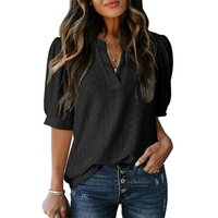 Dokotoo Women's Summer Business Casual Blouses V Neck Short Sleeve Shirts Hollow Out Cute Lace Tops Loose Fit Breathable Fabr...