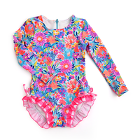Megan Floral LONG SLEEVE  Leotard Purple Orange Green Yellow Team Ruffle Gigi and Max UPF Sun Safe