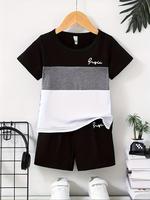 Two-Piece Set Toddler Boy's Colorblock Letter Print Tee & Elastic Waist Shorts, Casual Short Sleeve Round Neck T-shirt & Shor...