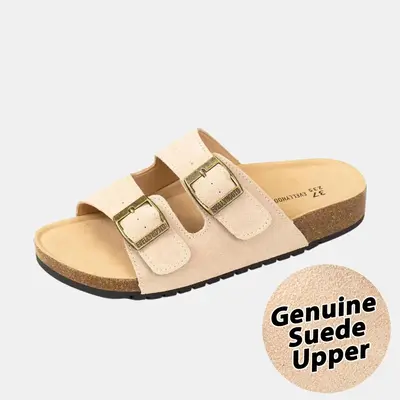 EVELLYHOOTD Women Men Suede Leather Flat Buckle Strap Sandals with Lane Cork Footbed Adjustable Strap Slippers Walking Shoes ...