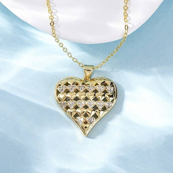 Brass Micro Pave Clear Cubic Zirconia Heart Pendant Necklaces for Women