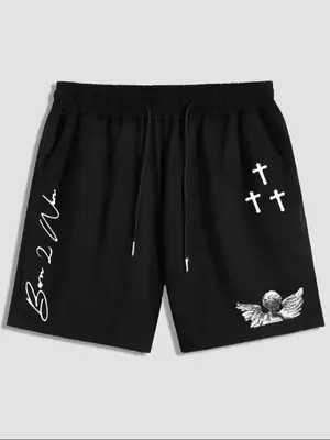 Men's Cross Letter Print Drawstring Waist Shorts, Casual Regular Fit Pocket Straight Leg Shorts for Summer, Summer Outfits,...