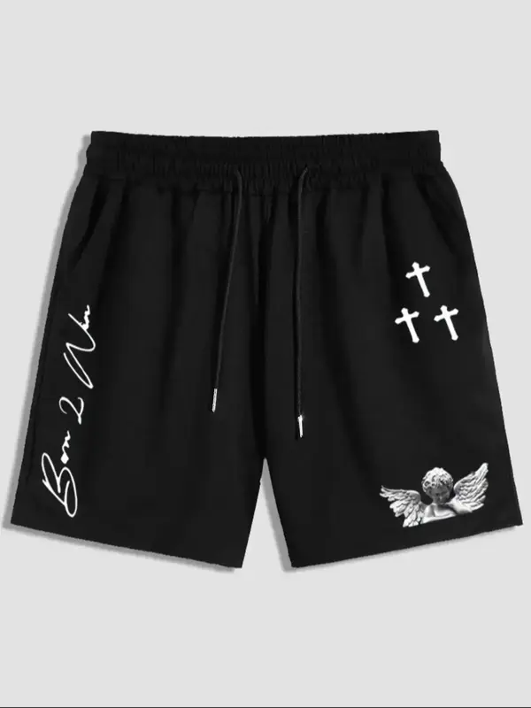 Men's Cross Letter Print Drawstring Waist Shorts, Casual Regular Fit Pocket Straight Leg Shorts for Summer, Summer Outfits,�...