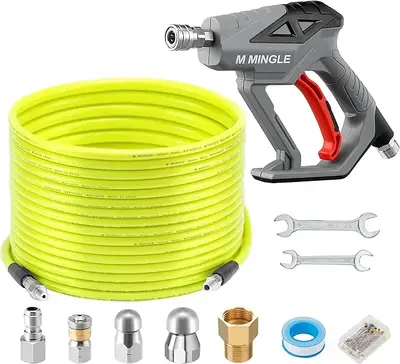 M MINGLE Sewer Jetter Kit for Pressure Washer 100 FT,Drain Cleaner Hose,Spray Lance,1/4 Inch NPT Corner Rotating Button Nozzl...